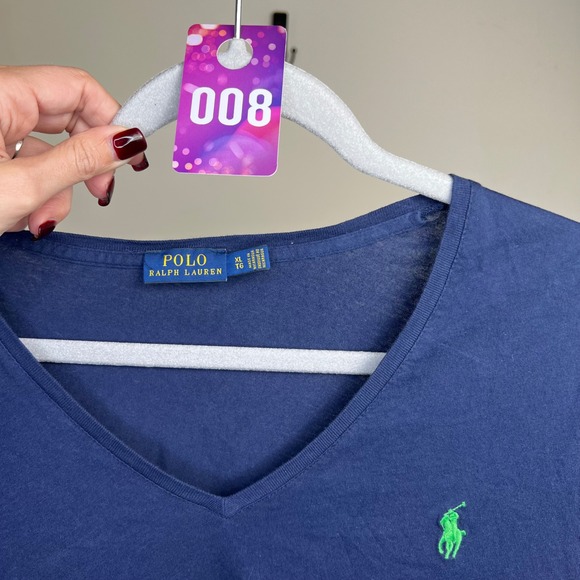 Polo Ralph Lauren Womens Navy Blue V Neck Long Sleeve Pony Logo T Shirt XL - Picture 2 of 3